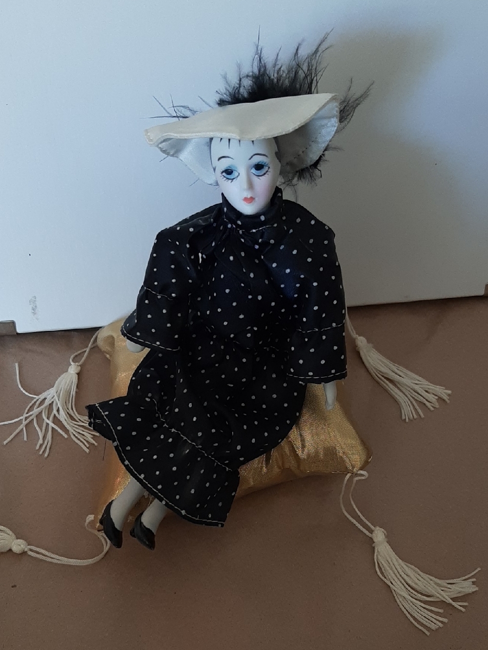 Polka Dot Porcelain Doll with Hat... Attached To Pillow